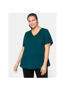 Longbluse sheego, Damen, Gr. 44, gr&uuml;n (tiefgr&uuml;n), 100% Polyester, unifarben, V-Ausschnitt, Blusen Longbluse