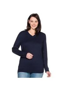 Strickpullover sheego "V-Ausschnitt-Pullover", Damen, Gr. 40/42, blau (marine), 50% Baumwolle, 50% Polyacryl, unifarben, Pullover Strickpullover