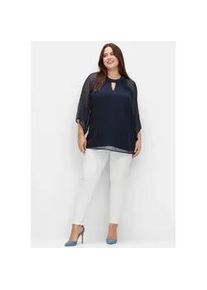 Longbluse sheego, Damen, Gr. 40, blau (marine), 100% Polyester, unifarben, Rundhals, Blusen Longbluse