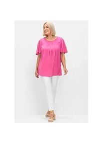 Longbluse sheego, Damen, Gr. 42, pink (fuchsia), 100% Viskose, unifarben, Rundhals, Blusen Longbluse