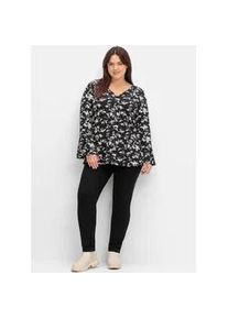 Langarmshirt sheego BY JOE BROWNS "Langarmshirt", Damen, Gr. 48/50, schwarz (schwarz, gemustert), 95% Viskose, 5% Elasthan, gebl&uuml;mt, gemustert, V-Ausschnitt, Shirts Langarmshirt
