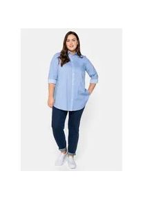 Longbluse sheego, Damen, Gr. 42, blau (mittelblau), 70% Baumwolle, 27% Polyamid, 3% Elasthan, gemustert, gestreift, mehrfarbig, unifarben, Blusen Longbluse