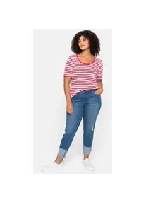 Kurzarmshirt sheego "T-Shirt", Damen, Gr. 52, rot (mohnrot, wei&szlig;), 100% Baumwolle, gemustert, gestreift, mehrfarbig, Rundhals, Shirts