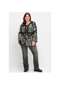 Longbluse sheego BY JOE BROWNS, Damen, Gr. 40, schwarz (schwarz, gemustert), 100% Viskose, bedruckt, ethno, gemustert, mehrfarbig, V-Ausschnitt, Blusen Longbluse