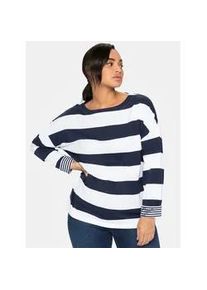 Langarmshirt sheego "Langarmshirt", Damen, Gr. 48/50, blau (marine), 100% Baumwolle, gemustert, gestreift, mehrfarbig, U-Boot-Ausschnitt, Shirts Langarmshirt