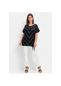 Kurzarmshirt sheego "T-Shirt", Damen, Gr. 44, schwarz-wei&szlig; (schwarz, wei&szlig;), 95% Viskose, 5% Elasthan, gemustert, mehrfarbig, V-Ausschnitt, Shirts