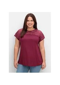 Spitzenshirt sheego "Spitzenshirt", Damen, Gr. 48/50, lila (beere), 100% Viskose, unifarben, Rundhals, Shirts