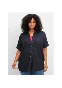 Hemdbluse sheego, Damen, Gr. 54, blau (tiefblau), 100% Viskose, unifarben, Blusen Hemdbluse