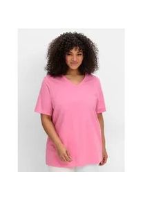 T-Shirt sheego "T-Shirt", Damen, Gr. 52/54, rosa (blumiges pink), 100% Baumwolle, unifarben, V-Ausschnitt, Shirts T-Shirt