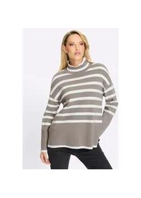 Strickpullover Heine "Pullover", Damen, Gr. 38, beige (taupe, ecru, geringelt), 50% Viskose, 25% Polyester, 25% Polyamid, gemustert, gestreift, Pullover Strickpullover