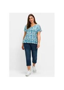 T-Shirt sheego "T-Shirt", Damen, Gr. 52/54, gr&uuml;n (dunkelpetrol, gemustert), 60% Baumwolle, 40% Polyester, bedruckt, gemustert, V-Ausschnitt, Shirts T-Shirt