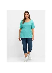 Kurzarmshirt sheego "T-Shirt", Damen, Gr. 52/54, blau (ozean), 100% Baumwolle, unifarben, Rundhals, Shirts