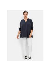 Longbluse sheego, Damen, Gr. 52, blau (nachtblau), 100% Polyester, unifarben, V-Ausschnitt, Blusen Longbluse