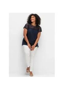 Spitzenshirt sheego "Spitzenshirt", Damen, Gr. 44/46, blau (tiefblau), 100% Viskose, unifarben, Rundhals, Shirts