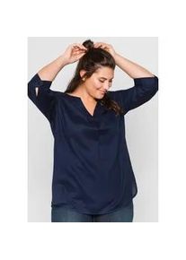 Longbluse sheego, Damen, Gr. 54, blau (marine), 100% Viskose, unifarben, Rundhals, Blusen Longbluse