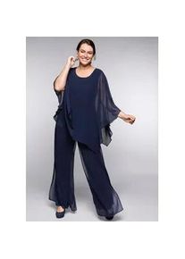 Longbluse sheego, Damen, Gr. 48, blau (marine), 100% Polyester, unifarben, Rundhals, Blusen Longbluse