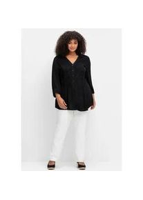 Crepebluse sheego BY JOE BROWNS, Damen, Gr. 52, schwarz, 100% Viskose, Spitze:100% Baumwolle, unifarben, V-Ausschnitt, Blusen