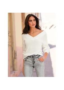 Strickpullover Heine "Pullover", Damen, Gr. 44, beige (ecru), 50% Baumwolle, 50% Polyacryl, unifarben, Pullover Strickpullover