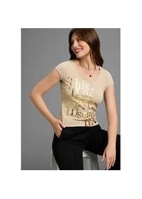 T-Shirt Laura Scott, Damen, Gr. 40, beige, Jersey, Obermaterial: 95% Baumwolle, 5% Elasthan, bedruckt, metallic, unifarben, sehr figurbetont h&uuml;ftlang, Rundhals, abgesteppt, Shirts T-Shirt, sehr figurbetonte Passform, mit Rundhalsausschnitt