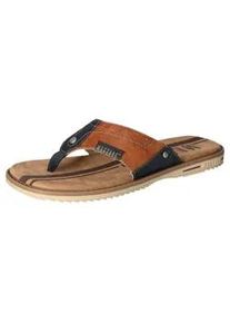 Zehentrenner Mustang SHOES, Herren, Gr. 47, blau (cognacfarben, navy), Lederimitat, kontrastfarbene Details, Schuhe Zehentrenner, Sommerschuh, Schlappen, Poolslides, Badeschuh, stylische Farbkombi