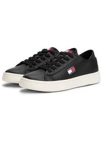 Tommy Hilfiger Plateausneaker TOMMY JEANS "TJW LIGHTWEIGHT COURT SNEAKER", Damen, Gr. 37, schwarz, Leder, unifarben mit Farbeinsatz, Schuhe Plateausneaker, Freizeitschuh, Halbschuh, Schn&uuml;rschuh mit plakativer Logoflag