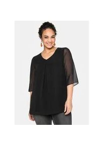 Chiffonbluse sheego, Damen, Gr. 56, schwarz, 100% Polyester, unifarben, V-Ausschnitt, Blusen Chiffonbluse