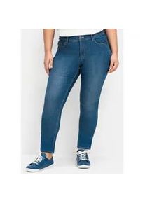 Stretch-Jeans sheego, Damen, Gr. 48, Normalgr&ouml;&szlig;en, blau (blau denim), 75% Baumwolle, 24% Polyester, 1% Elasthan, unifarben, lang, Jeans