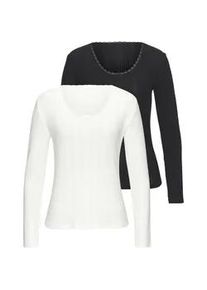 Langarmshirt Vivance, Damen, Gr. 48/50, schwarz-wei&szlig; (schwarz, creme), Obermaterial: 100% Baumwolle, unifarben, k&ouml;rpernah, Rundhals, Shirts Langarmshirt, aus feiner Pointelle-Ware mit Spitze, reine Baumwolle