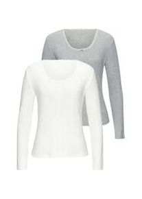 Langarmshirt Vivance, Damen, Gr. 44/46, grau (grau meliert, creme), Obermaterial: 100% Baumwolle, unifarben, k&ouml;rpernah, Rundhals, Shirts Langarmshirt, aus feiner Pointelle-Ware mit Spitze, reine Baumwolle