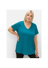 T-Shirt sheego "Funktionsshirt", Damen, Gr. 44/46, blau (dunkelpetrol), 90% Polyester, 10% Elasthan, unifarben, Rundhals, Shirts T-Shirt