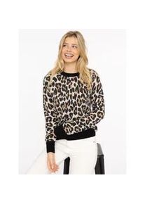 Strickpullover Zwillingsherz "Leo + colored edges", Damen, Gr. XL, hellbeige, schwarz, Strick, Obermaterial: 100% Kaschmir, Pullover Strickpullover, Rundhals,aus reinem Kaschmir mit Leomuster und farbigem B&uuml;ndchen