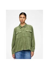 Hemdbluse Pieces "PCEFFI LS SHIRT WVN NOOS", Damen, Gr. XS, gr&uuml;n (olivine), Cord, Obermaterial: 92% Polyester, 8% Nylon, unifarben, loose fit Po-bedeckend, Blusen Hemdbluse, Materialmix, loose fit