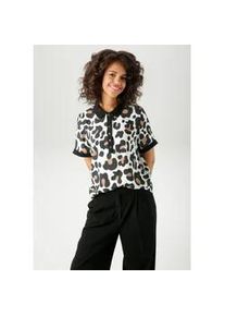 Kurzarmbluse Aniston CASUAL, Damen, Gr. 36, wollwei&szlig;, schwarz, hellbraun, Web, Obermaterial: 100% Viskose, bedruckt, gemustert, l&auml;ssig geschnitten h&uuml;ftlang, Rippb&uuml;ndchen, Blusen, im extravaganten Animal-Print- jedes Teil ein Unikat, Topseller