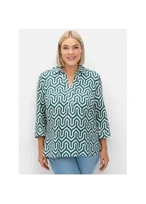 Longbluse sheego, Damen, Gr. 52, blau (petrol, gemustert), 100% Viskose, bedruckt, gemustert, mehrfarbig, V-Ausschnitt, Blusen Longbluse