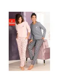 Pyjama Vivance DREAMS, Damen, Gr. 36/38, taupe, rosa, Single Jersey, Obermaterial: 100% Baumwolle, gemustert, Basic lang, Rundhals, Homewear-Sets Pyjama, mit s&uuml;&szlig;em Herzmuster, Topseller