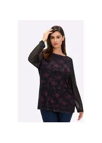 Langarmshirt sheego "Langarm-Shirt", Damen, Gr. 52/54, schwarz (schwarz, bedruckt), 96% Polyester, 4% Elasthan, bedruckt, gemustert, mehrfarbig, U-Boot-Ausschnitt, Shirts Langarmshirt