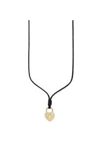 Kette mit Anh&auml;nger "Schmuck Geschenk Lederkette mit Anh&auml;nger Herz/Schloss", schwarz (gelbgoldfarben, schwarz), ANISTON JEWELRY & WATCHES, Halsketten, Damen, Lederimitat Messing, L: 90 B: 0,7mm, Lederimitat, Messing, B:0,7mm