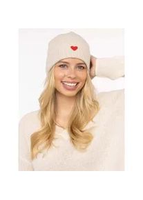 Beanie Zwillingsherz "Beanie with Heart-Patch", Damen, hellbeige, Rippstrick, Wolle, unifarben, M&uuml;tzen Beanie, Rippstrick, mit breitem Umschlag, w&auml;rmend