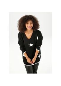 Strickpullover ANISTON PLUS, Damen, Gr. 48, schwarz-wei&szlig; (schwarz, wei&szlig;), Feinstrick, Obermaterial: 50% Viskose, 28% Polyester, 22% Polyamid, gemustert, oversize Po-bedeckend, V-Ausschnitt, Strickb&uuml;ndchen kontrastfarben, Pullover Strickpullover, Vokuhila - hinten etwas l&auml;nger geschnitten
