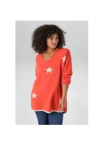 Strickpullover ANISTON PLUS, Damen, Gr. 54, orange (koralle, beige), Feinstrick, Obermaterial: 50% Viskose, 28% Polyester, 22% Polyamid, gemustert, oversize Po-bedeckend, V-Ausschnitt, Strickb&uuml;ndchen kontrastfarben, Pullover Strickpullover, Vokuhila - hinten etwas l&auml;nger geschnitten