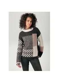 Strickpullover Aniston CASUAL, Damen, Gr. 46, grau (anthrazit, natur, hellbraun), Grobstrick, Obermaterial: 95% Polyacryl, 5% Nylon, Jacquardmuster, Zopfmuster, meliert, l&auml;ssig geschnitten h&uuml;ftlang, Strickkante, Pullover Strickpullover, im farbharmonischem Patch-Dessin, Topseller