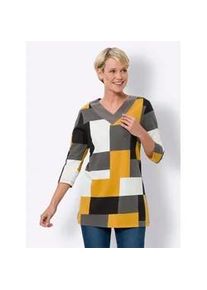 Longshirt Classic Basics "Longshirt", Damen, Gr. 40, gelb (schwarz, ocker, bedruckt), 100% Baumwolle, bedruckt, gemustert, mehrfarbig, V-Ausschnitt, Shirts Longshirt