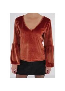 Langarmshirt FRESHLIONS "Viveka", Damen, Gr. XL, braun (rostbraun), 100% Polyester, unifarben, normal, V-Ausschnitt, Shirts Langarmshirt, aus samtig, weichem Stoff hergestellt