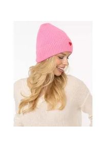 Beanie Zwillingsherz "Beanie with Heart-Patch", Damen, bubblegum, Rippstrick, Wolle, unifarben, M&uuml;tzen Beanie, Rippstrick, mit breitem Umschlag, w&auml;rmend