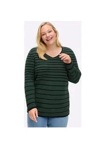 V-Ausschnitt-Pullover sheego "V-Pullover", Damen, Gr. 48/50, schwarz (moos, schwarz, geringelt), 100% Baumwolle, gemustert, gestreift, mehrfarbig, Pullover