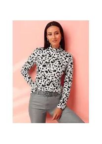 Rollkragenshirt Heine "Druck-Shirt", Damen, Gr. 46, blau (marine, ecru, bedruckt), 95% Viskose, 5% Elasthan, bedruckt, gemustert, mehrfarbig, Shirts