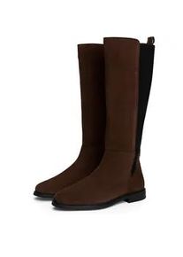 Stiefel Tommy Hilfiger "FLAG SUEDE LONG BOOT", Damen, Gr. 36, Normalschaft, dunkelbraun, Veloursleder, Schuhe Stiefel, Langschaftstiefel, Rei&szlig;verschlussstiefel mit Logoflaggen-Detail