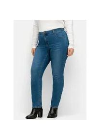 Stretch-Jeans sheego, Damen, Gr. 44, Normalgr&ouml;&szlig;en, blau (blau denim), 99% Baumwolle, 1% Elasthan, unifarben, lang, Jeans