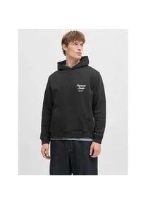 Jack & Jones Kapuzensweatshirt JACK & JONES "JORNORREBRO TYPO BACK SWEAT HOOD SN", Herren, Gr. S, schwarz, angeraute Sweatware, Obermaterial: 89% Baumwolle, 11% Polyester, bedruckt, relaxed fit normal, ohne Ausschnitt, Rippb&uuml;ndchen, Sweatshirts, mit Print