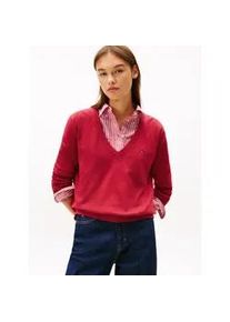 Tommy Hilfiger V-Ausschnitt-Pullover TOMMY JEANS "TJW ESSENTIAL VNECK SWEATER EXT", Damen, Gr. M (38), rot (ruby rhubarb), Strick, Obermaterial: 100% Baumwolle, unifarben, normal normal, V-Ausschnitt, Rippstrickb&uuml;ndchen, Pullover, mit Logostickerei